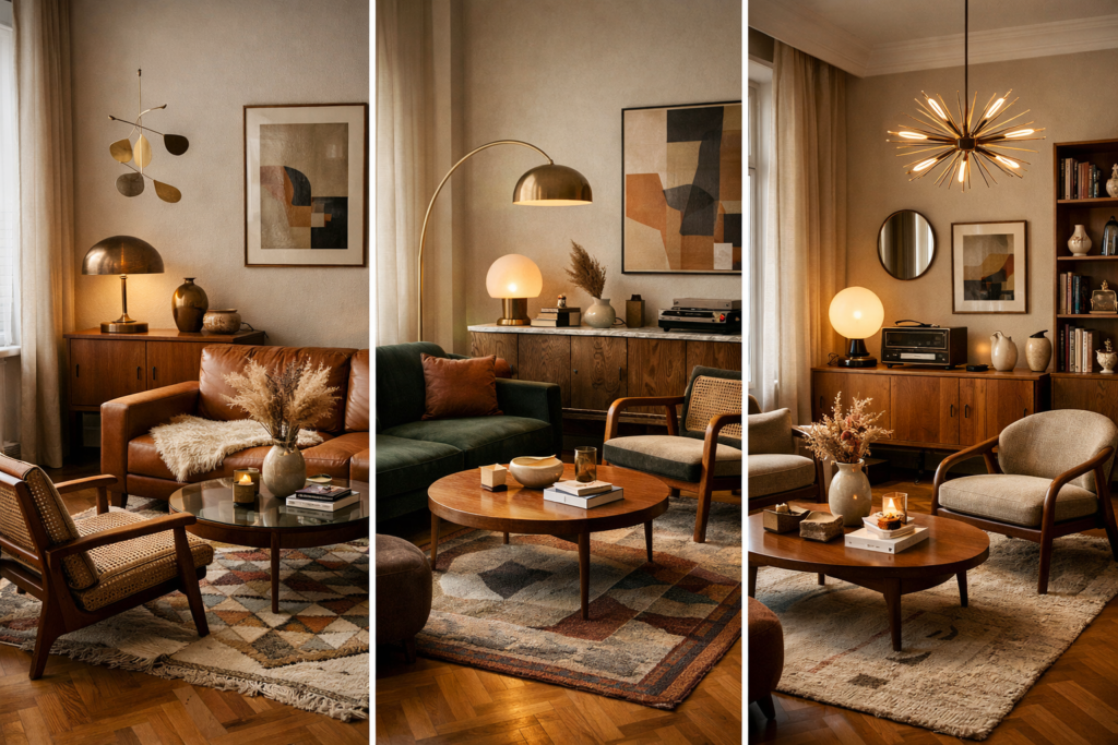 Drei verschiedene Wohnzimmer-Szenen im Mid-Century-Modern-Stil mit Leder-Sofa, stilvollen Lampen und warmen Holztönen als Einrichtungsbeispiel.