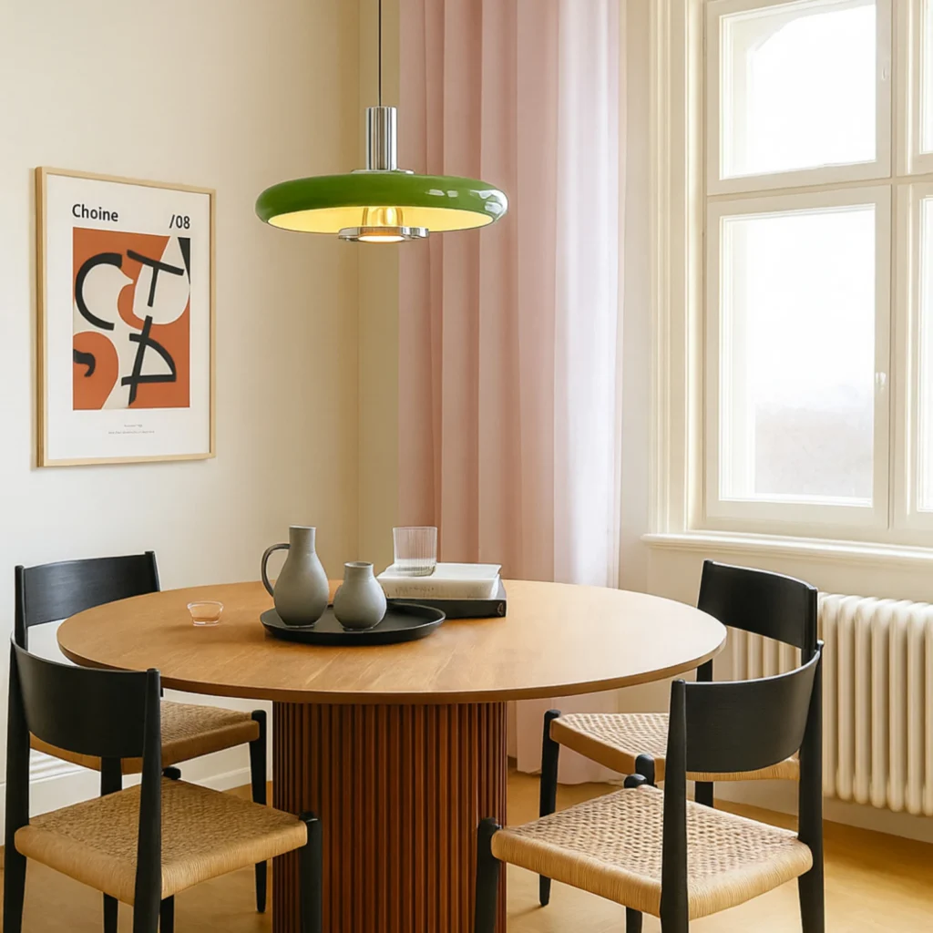 Grüne Retro Pendelleuchte Branford über dem Esstisch