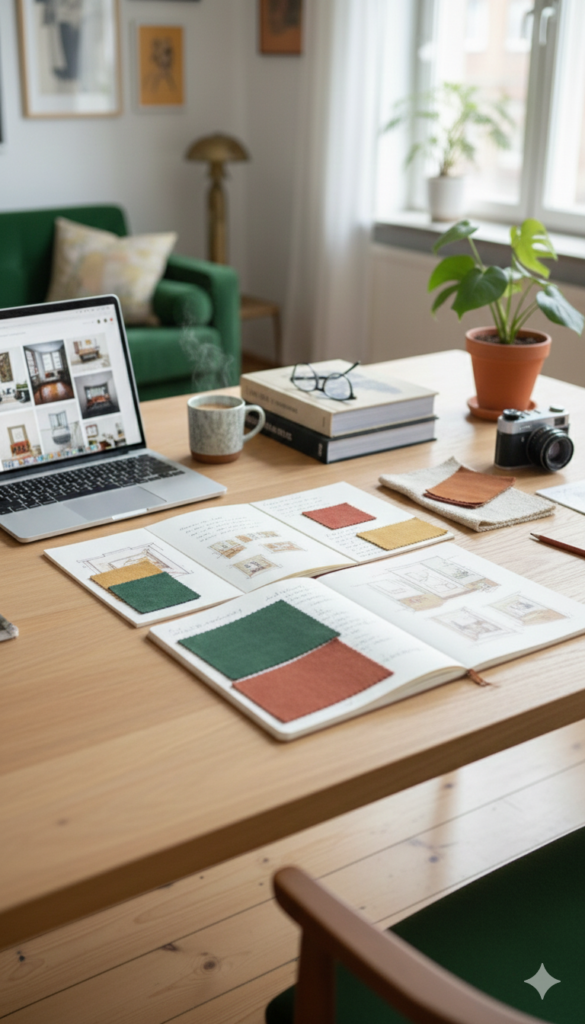 Nahaufnahme einer Person am Schreibtisch, die in ein Moodboard mit Stoffproben schreibt, daneben ein Laptop mit Interior-Inhalten und eine Kamera.