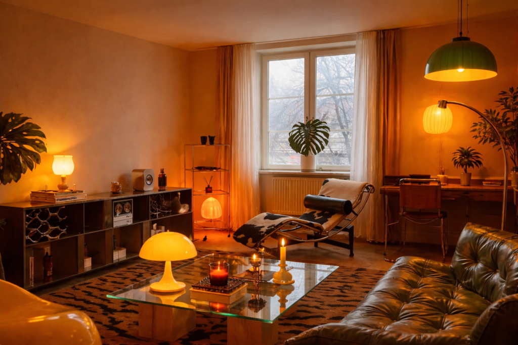 Retro Wohnzimmer mit warmem orangefarbenem Licht, mehreren Design-Lampen im Mid-Century Stil, gemütlicher Einrichtung und stilvoller Beleuchtung für ein modernes Retro-Ambiente.