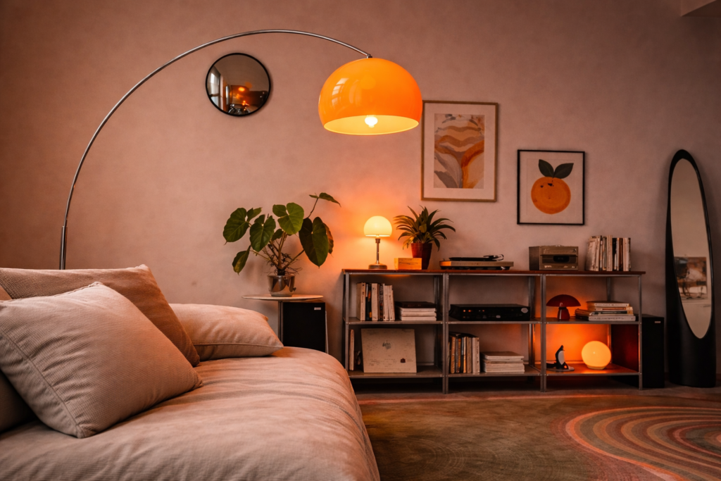 Gemütlich beleuchtetes Wohnzimmer im Retro-Stil mit einer großen orangen Bogenlampe, einem beigen Sofa und einem gut gefüllten Regal im Hintergrund.