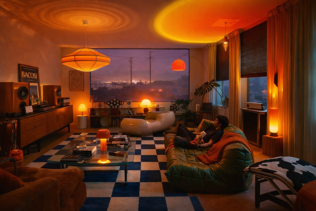 Weitwinklige Aufnahme eines retro-inspirierten Wohnzimmers mit warmem Licht, Mid-Century-Möbeln, Glas-Couchtisch und gemütlicher Atmosphäre am Abend